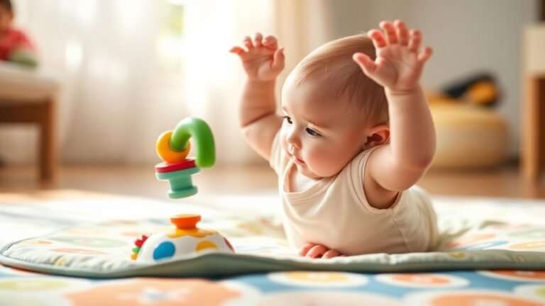 Infant motor skill development: a baby on a play mat reaching for a toy and pushing up on their arms