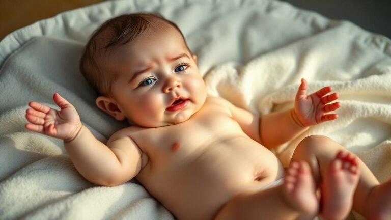 Infant reflexes disappearing timeline: a young infant showing a startle reflex with arms open on a blanket