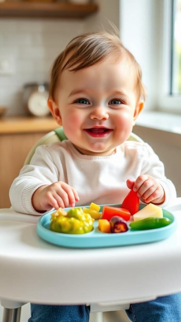 Happy baby in a high chair eating first solid foods and finger foods