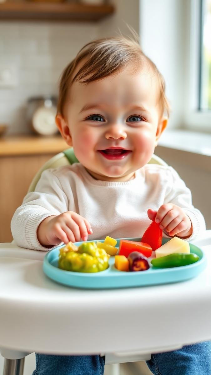 Happy baby in a high chair eating first solid foods and finger foods