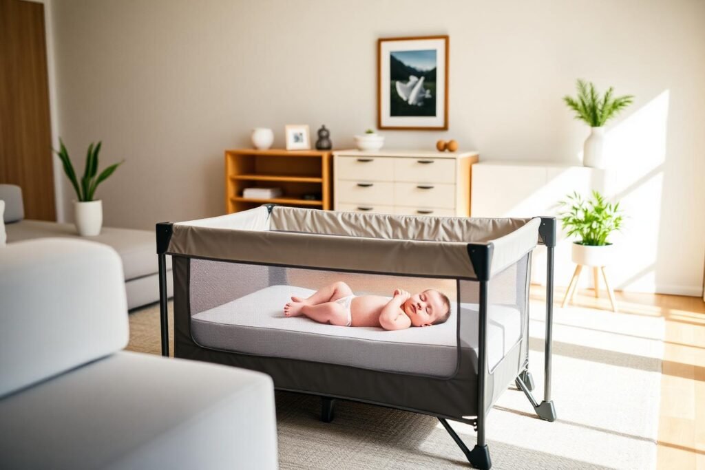 Portable travel crib with baby sleeping on firm flat mattress in sunlit room