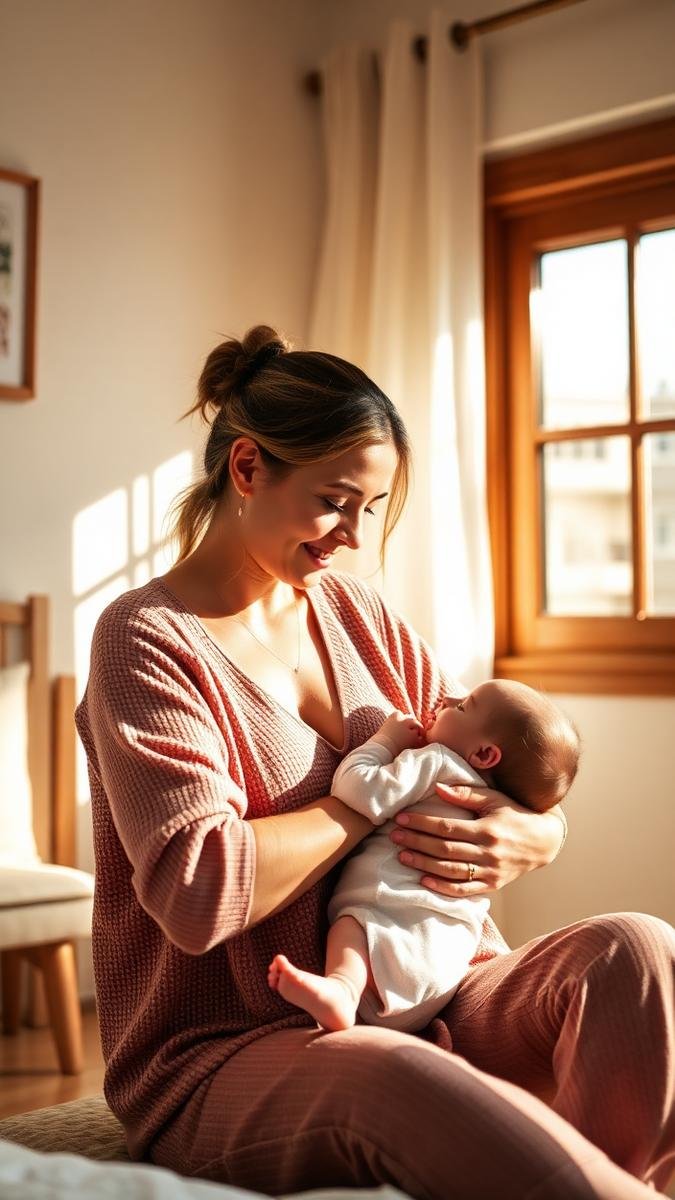 Mother breastfeeding her baby in a calm sunlit room