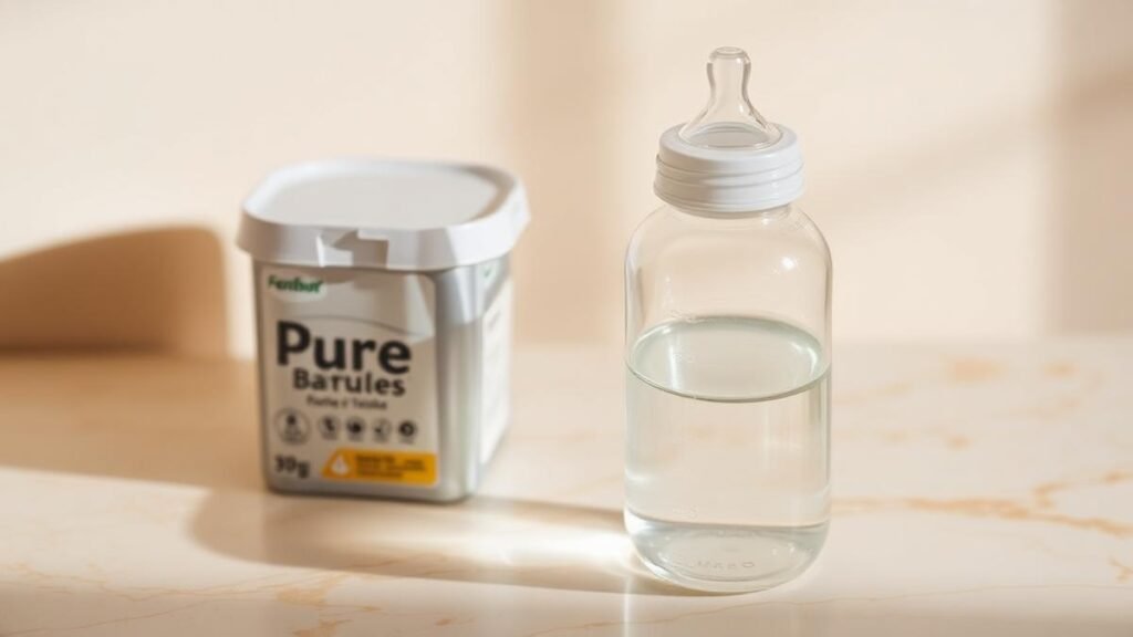 Clear glass baby bottle filled with filtered water beside a sealed formula container on a warm marble counter