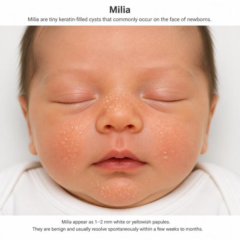 Close-up illustration of milia on a newborn: tiny pearly-white 1–2 mm cysts scattered across the nose, cheeks and chin, present from birth and painless.