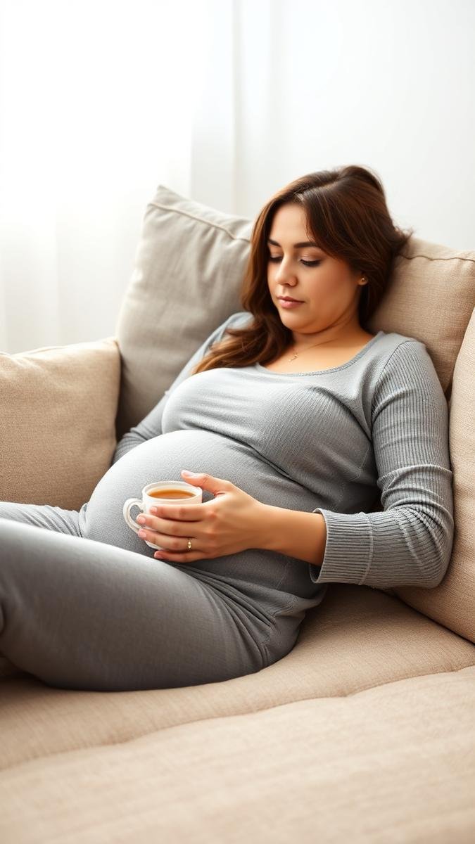 Pregnant woman resting with ginger tea for morning sickness relief