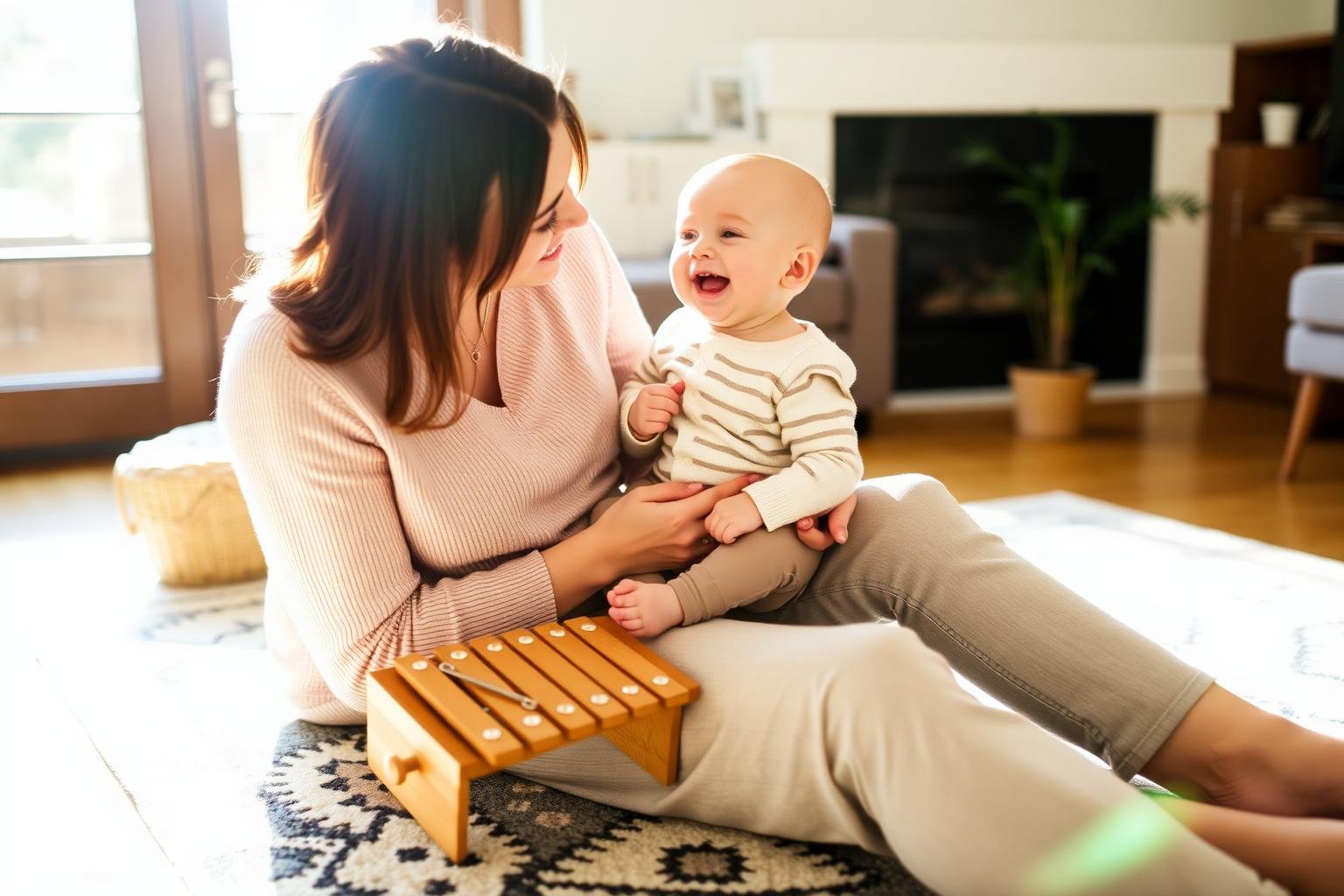 Parent singing nursery rhymes to a smiling baby with soft instruments nearby