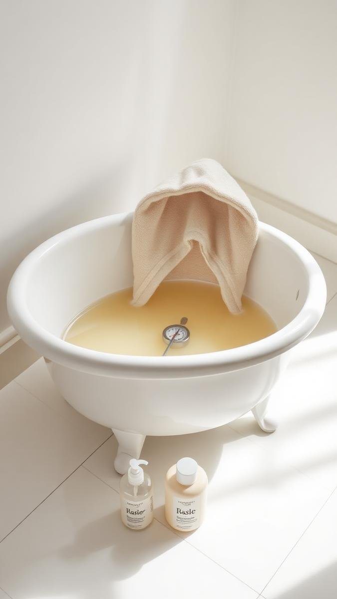 Newborn bath safety: a baby bathtub with a hooded towel and bath thermometer in warm shallow water