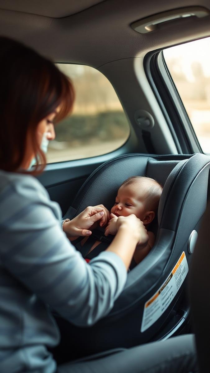 Newborn car seat safety: a parent securing a newborn into a rear-facing infant car seat