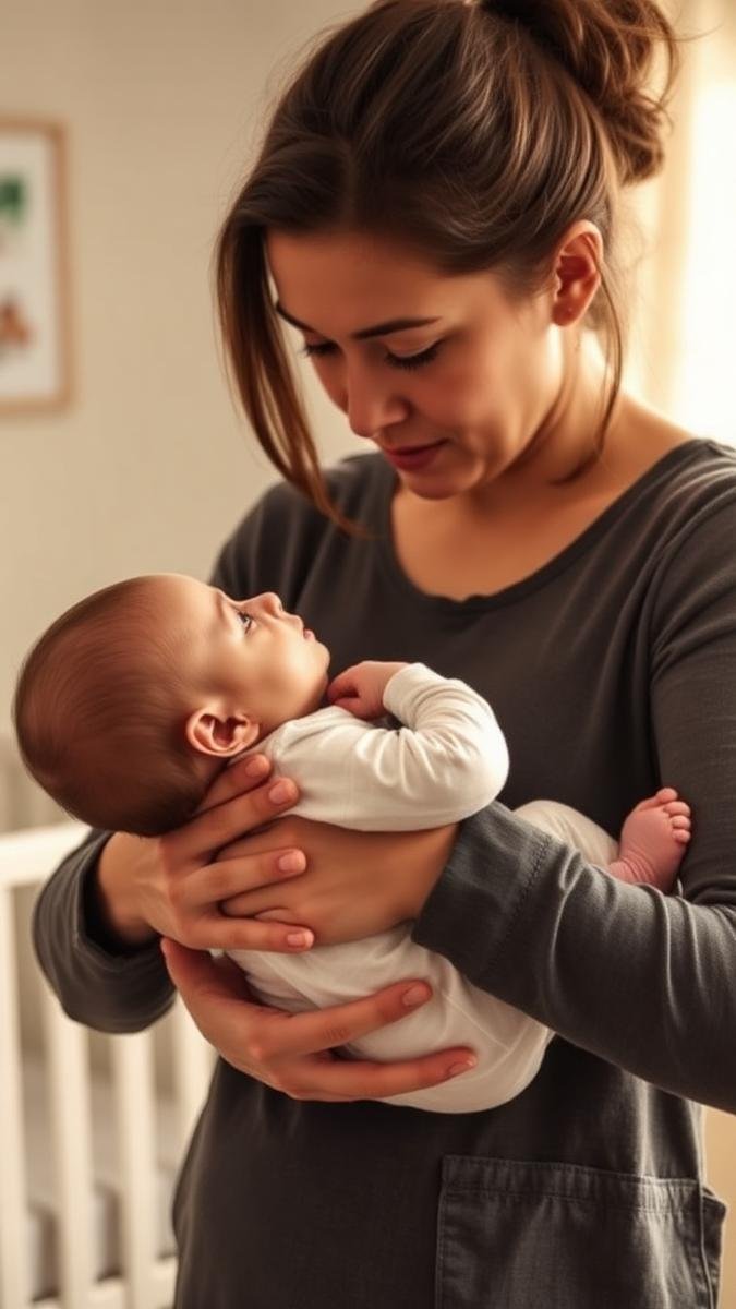 Newborn choking prevention: an attentive parent holding an alert newborn upright in a nursery