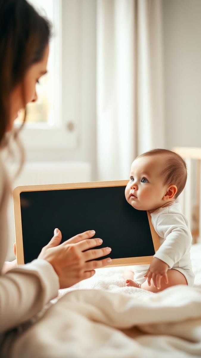 Newborn cognitive development: a parent showing a high-contrast board to a curious newborn