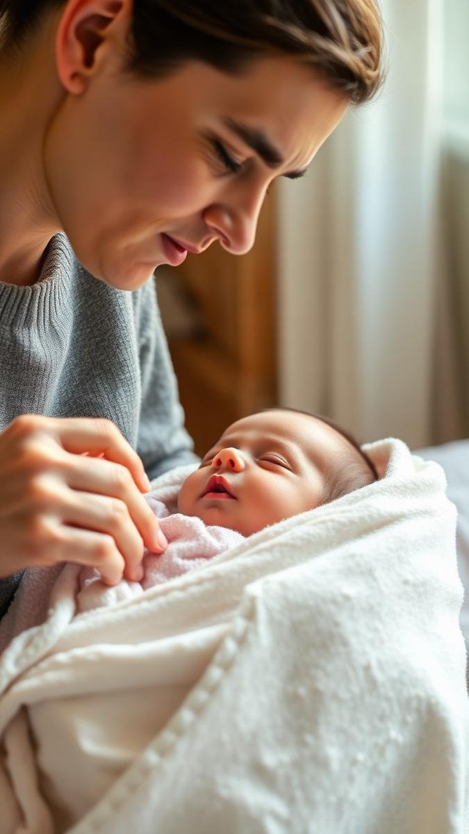 Parent checking on a congested newborn wrapped in a blanket