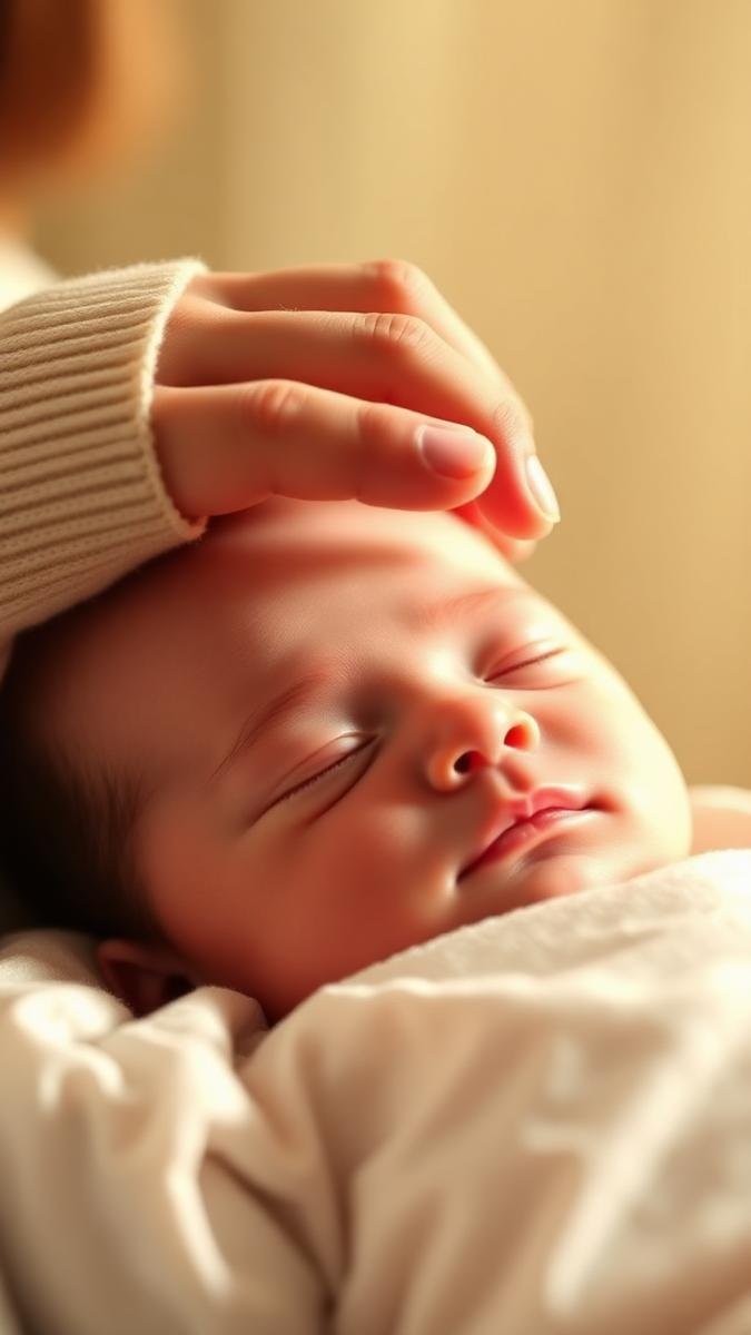 Parent's hand on a newborn's forehead checking temperature