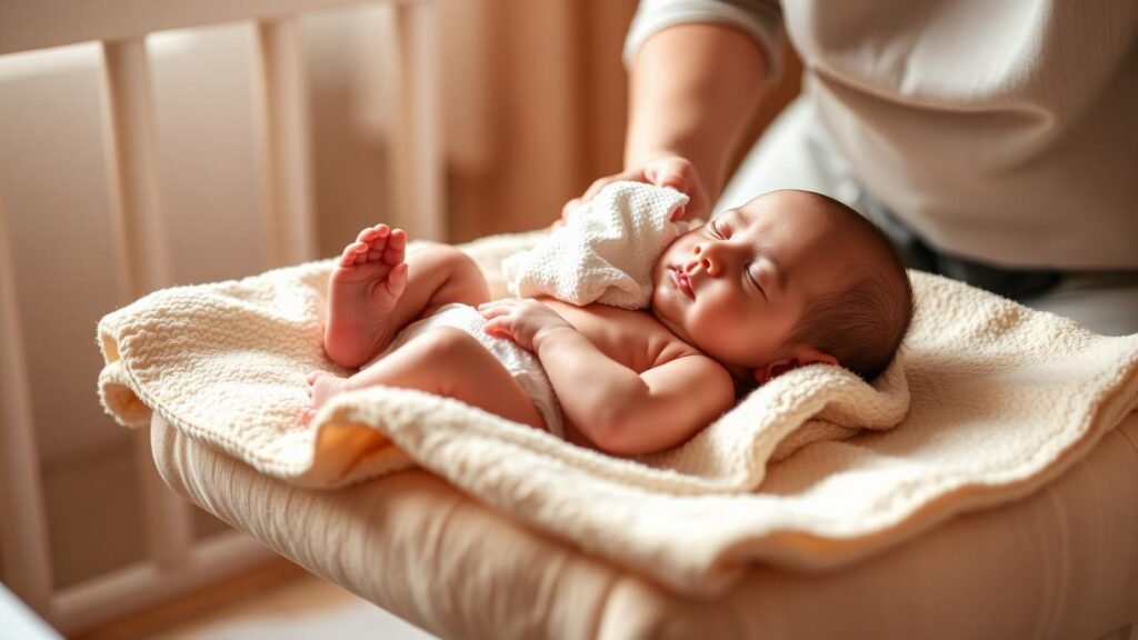 Parent giving a newborn a gentle sponge bath with a warm washcloth on a soft towel