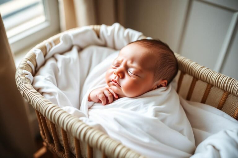 Newborn sleeping in bassinet, calm and swaddled