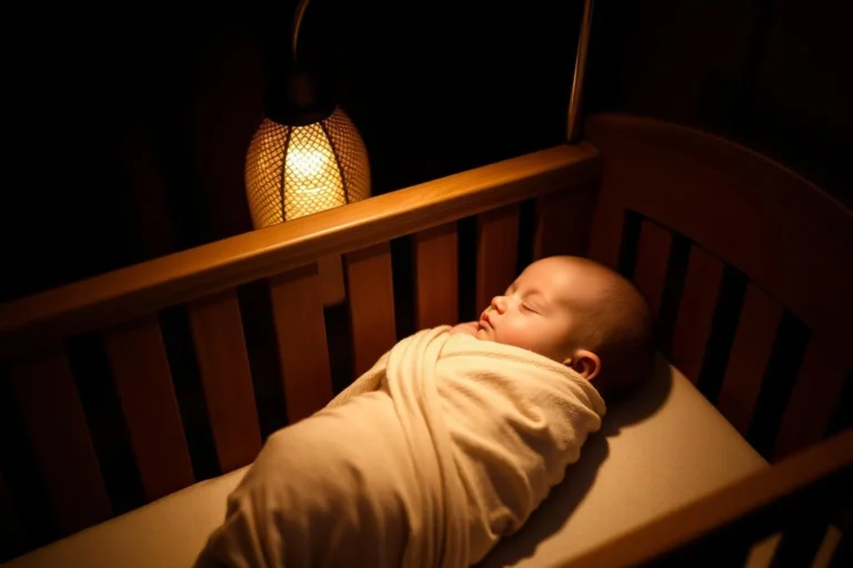 Newborn grunting at night: swaddled baby sleeping peacefully in bassinet