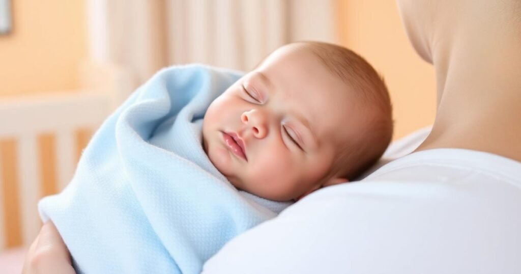 Peaceful swaddled newborn resting on parent's shoulder after burping to relieve hiccups