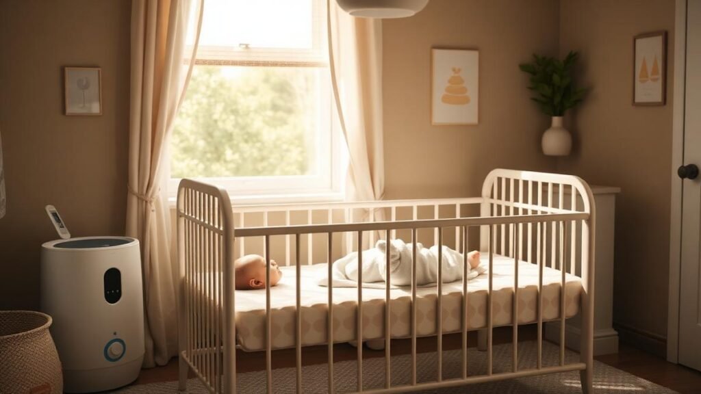 Newborn home environment: a cozy nursery with a crib, room thermometer and air purifier