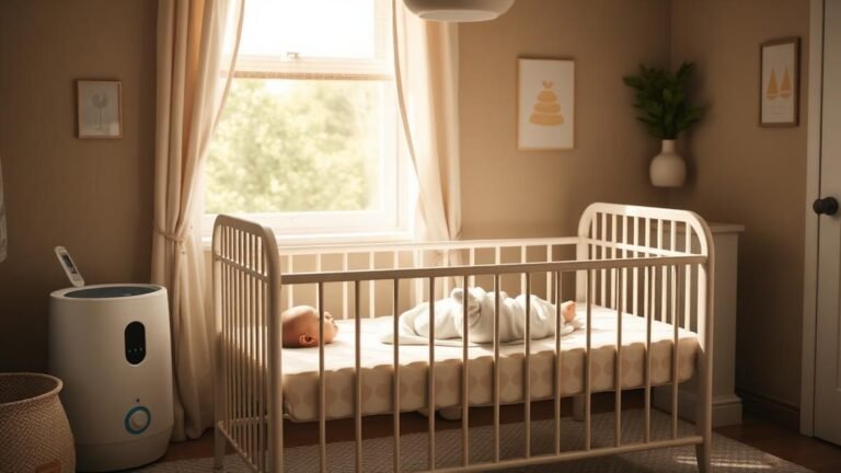 Newborn home environment: a cozy nursery with a crib, room thermometer and air purifier