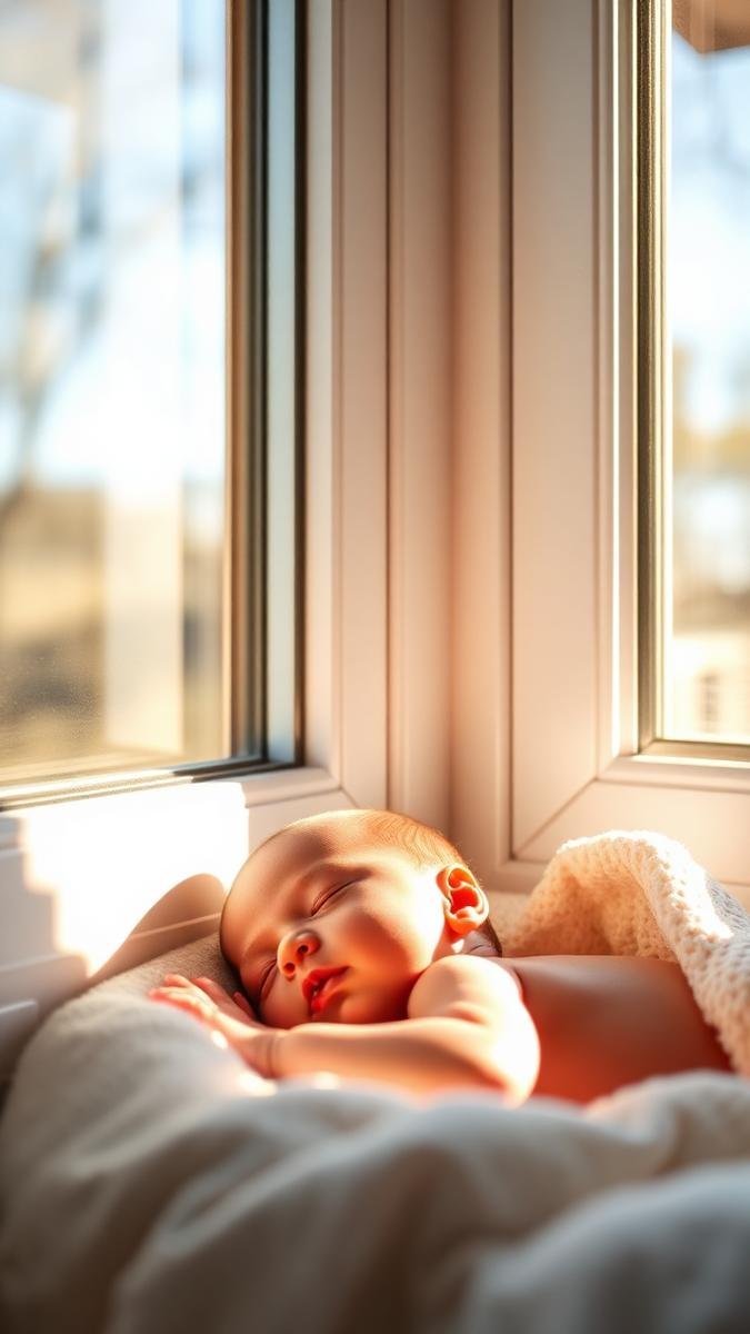 Newborn resting in soft daylight near a window
