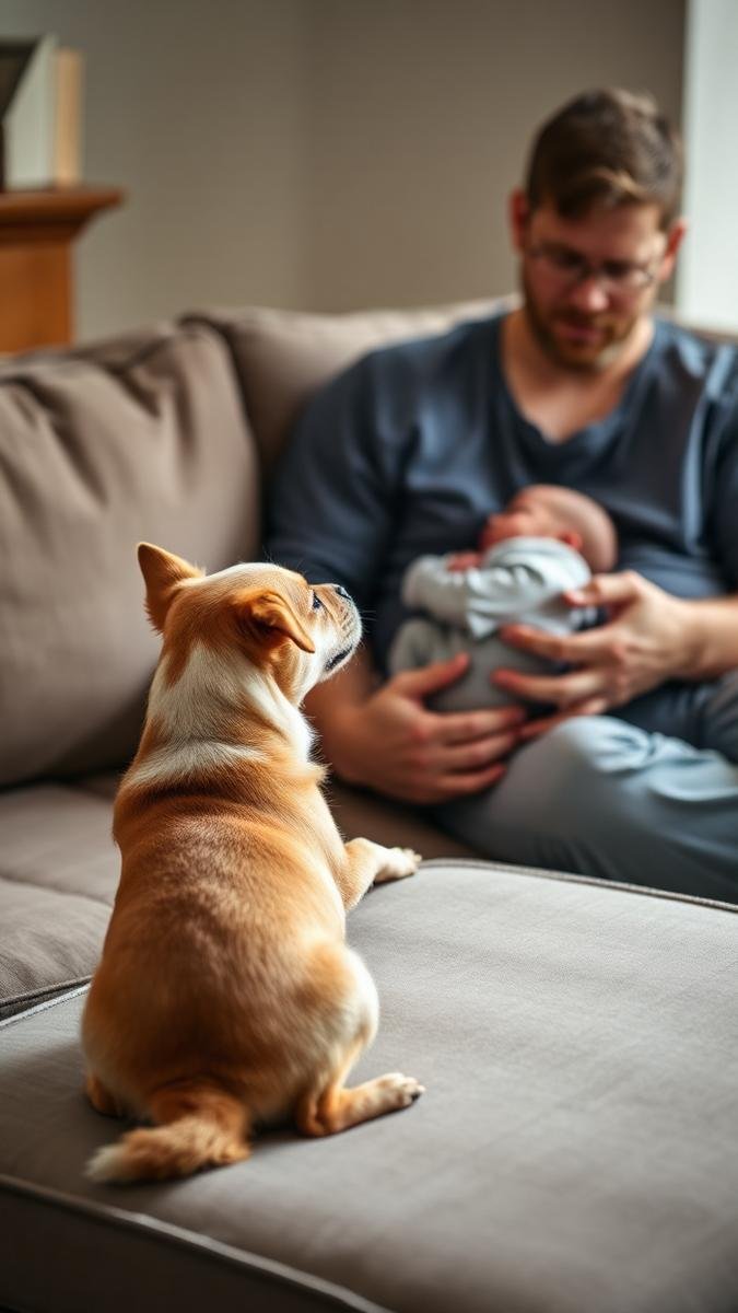 Newborn pet safety: a calm family dog meeting a newborn held by a parent on a couch