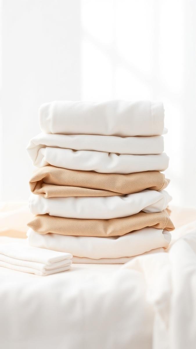 Neatly stacked clean cloth diapers and baby care items