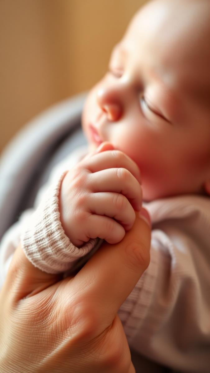 Newborn gripping a parent's finger showing the grasp reflex