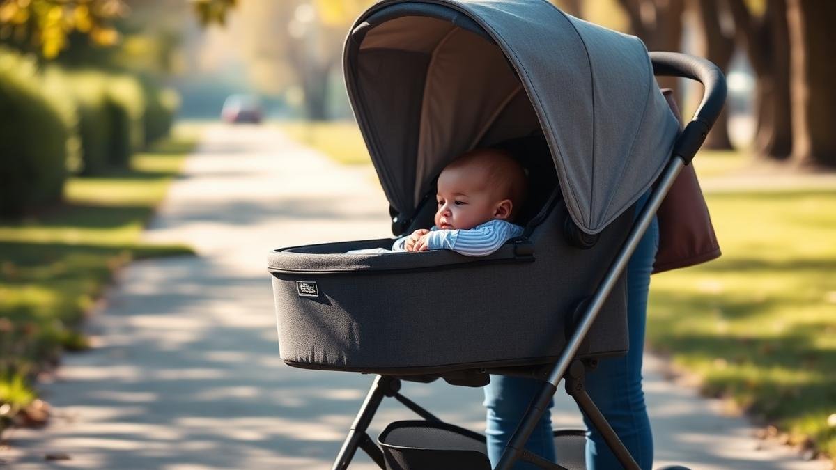 Parent pushing a newborn in a stroller with a bassinet attachment