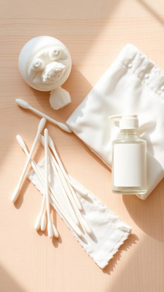 Clean newborn cord care supplies including cotton swabs and gauze