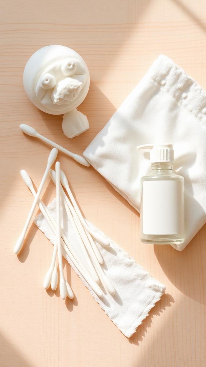 Clean newborn cord care supplies including cotton swabs and gauze