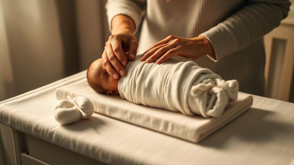 Umbilical cord stump care: a parent gently cleaning a swaddled newborn's umbilical cord stump with a cotton swab on a changing table