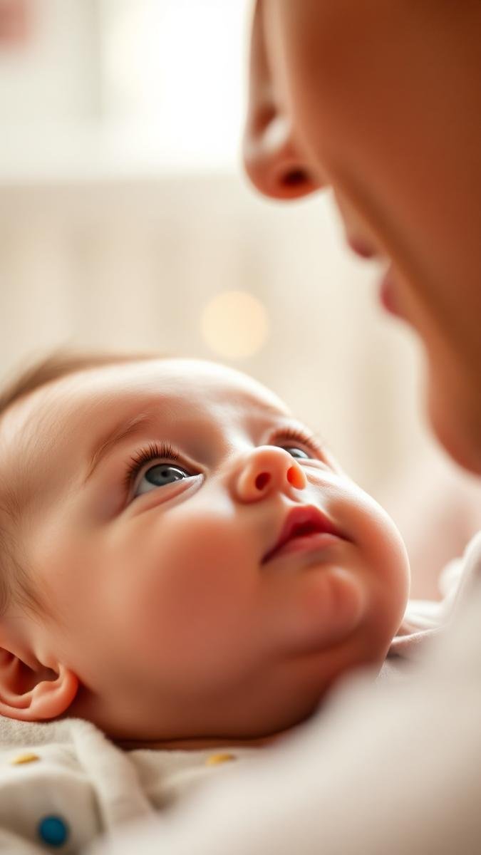Newborn gazing up at a parent's face during eye contact