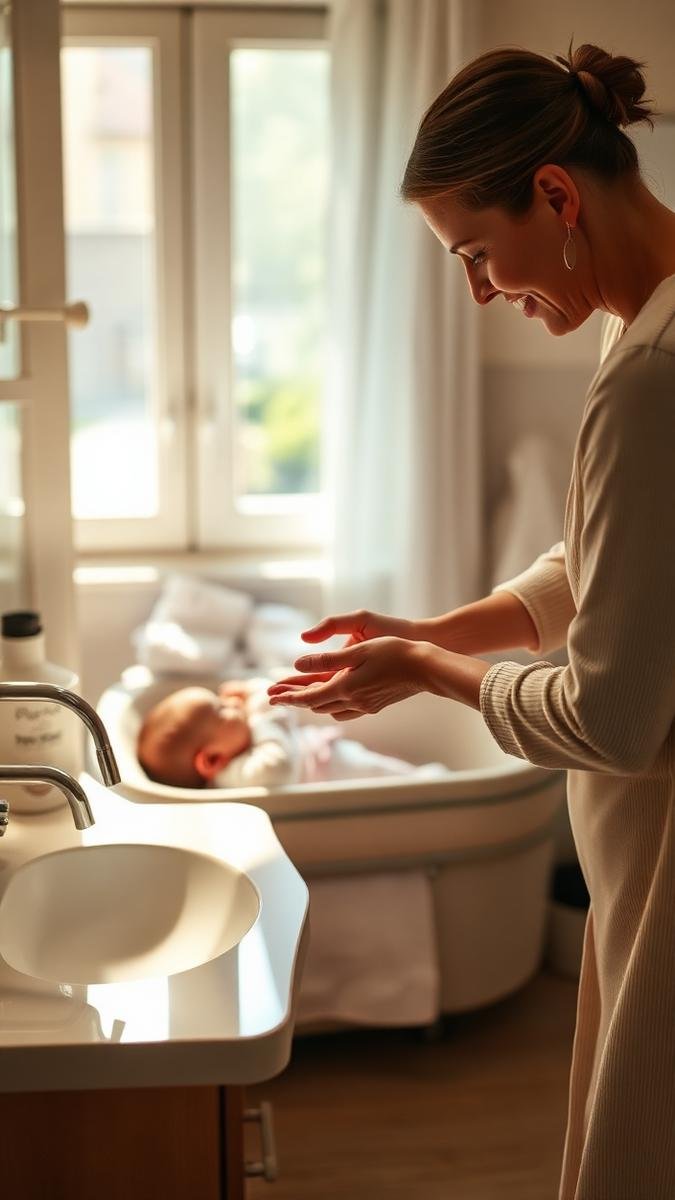 Newborn visitors and germs: a visitor washing hands with a newborn sleeping in a bassinet nearby