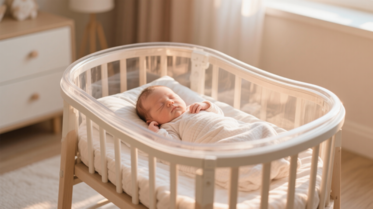 Newborn baby peacefully sleeping in modern bassinet - solutions for bassinet sleep resistance