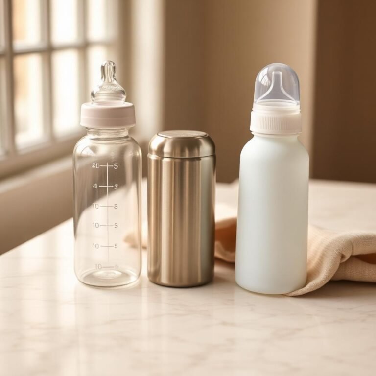 Three non-toxic baby bottles — glass, stainless steel and safe silicone — on cream marble countertop by a sunlit window