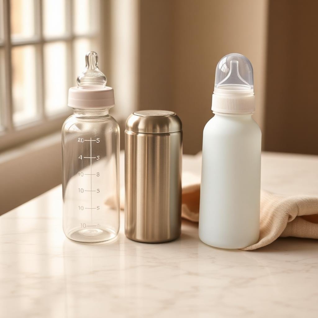 Three non-toxic baby bottles — glass, stainless steel and safe silicone — on cream marble countertop by a sunlit window