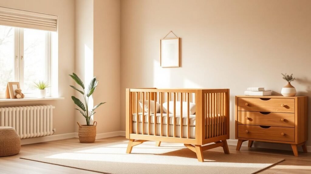 Warm neutral nursery with solid wood crib and dresser illuminated by soft morning light