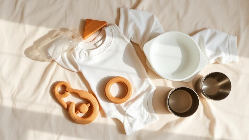 Curated flatlay of non-toxic baby essentials including glass bottle, wooden teether, organic cotton onesie, silicone bowl and stainless cup on cream linen