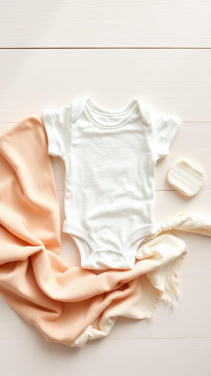 Soft organic cotton baby onesies and fabric on a wood surface