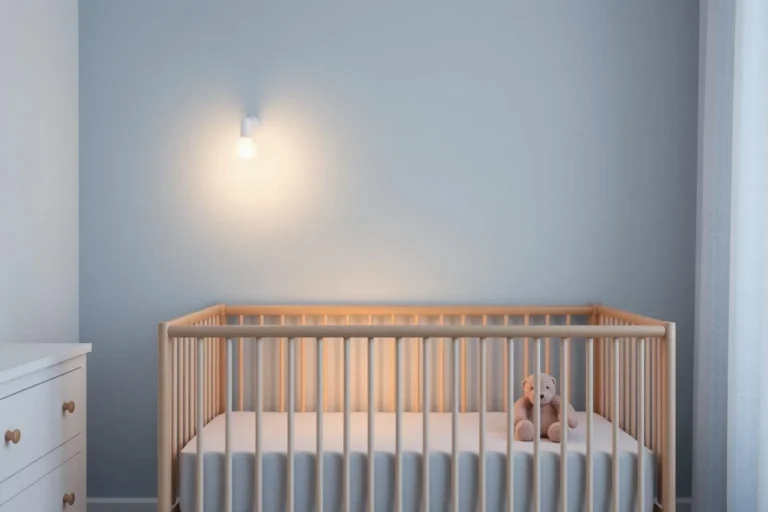 Overtired baby sleeping peacefully in dim nursery with white noise