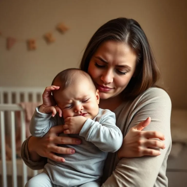 overtired baby showing early tired cues being held by parent in dim room