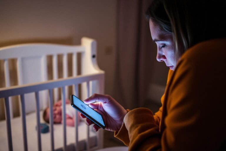Parent checking a smartphone app while their baby sleeps wearing a wearable monitor