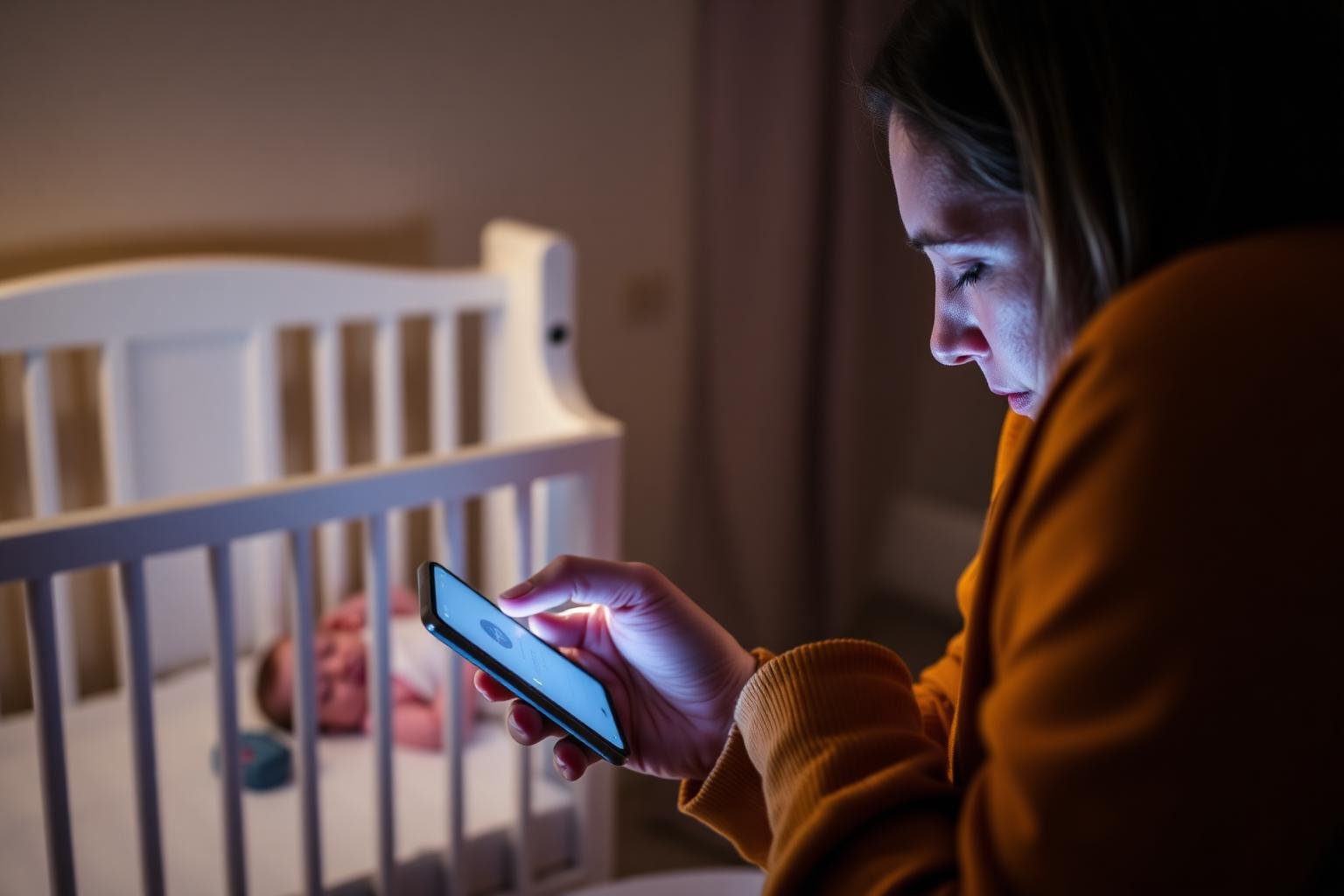 Parent checking a smartphone app while their baby sleeps wearing a wearable monitor