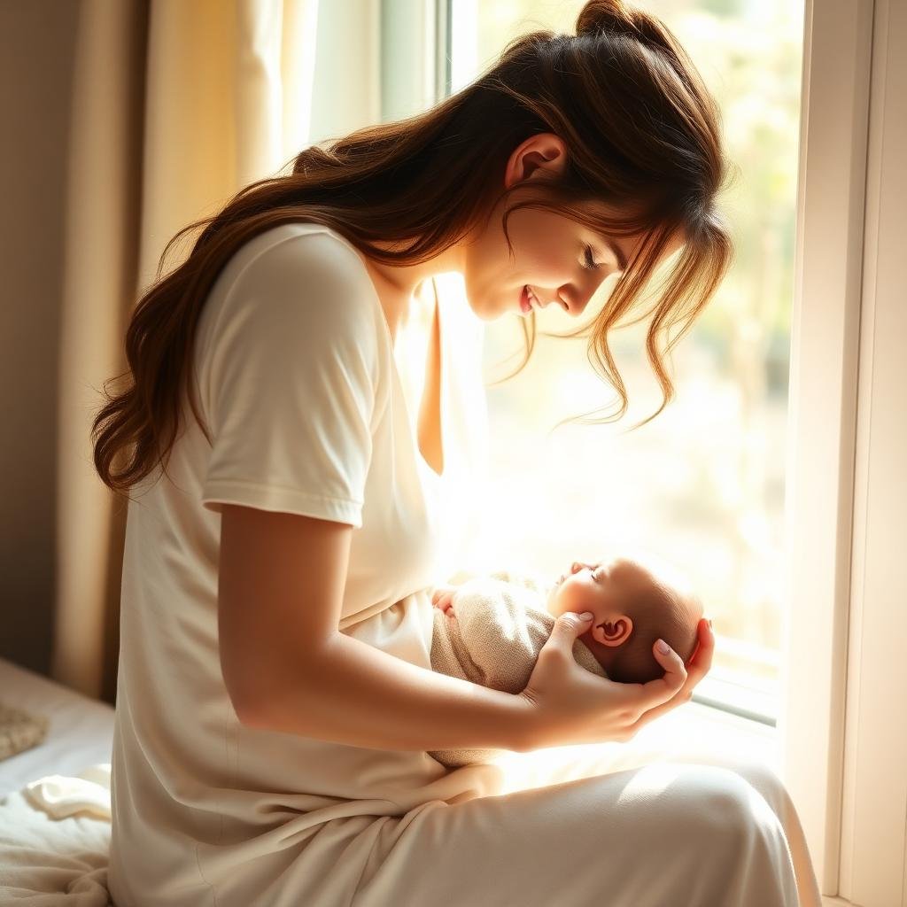 Mother cradling a newborn baby by a sunlit window during postpartum recovery