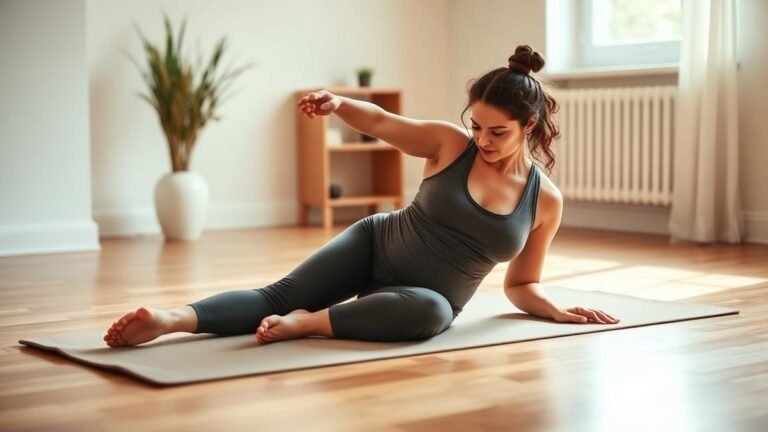 Pelvic floor recovery postpartum: a woman doing gentle recovery exercises on a mat in a calm room