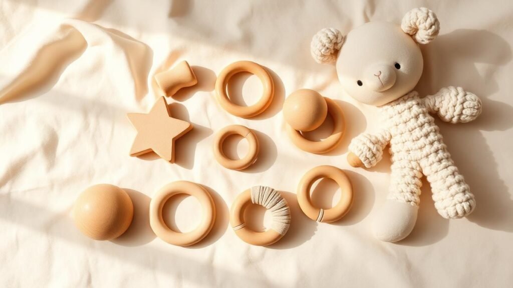 Flatlay of natural wooden teething rings and cotton plush toys on cream linen in soft daylight