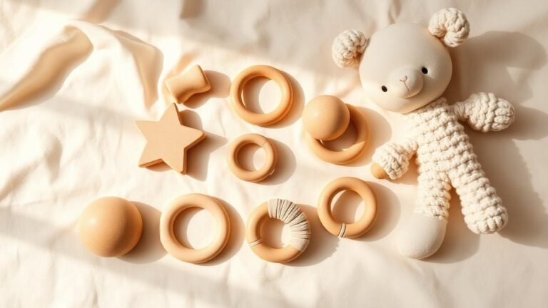 Flatlay of natural wooden teething rings and cotton plush toys on cream linen in soft daylight