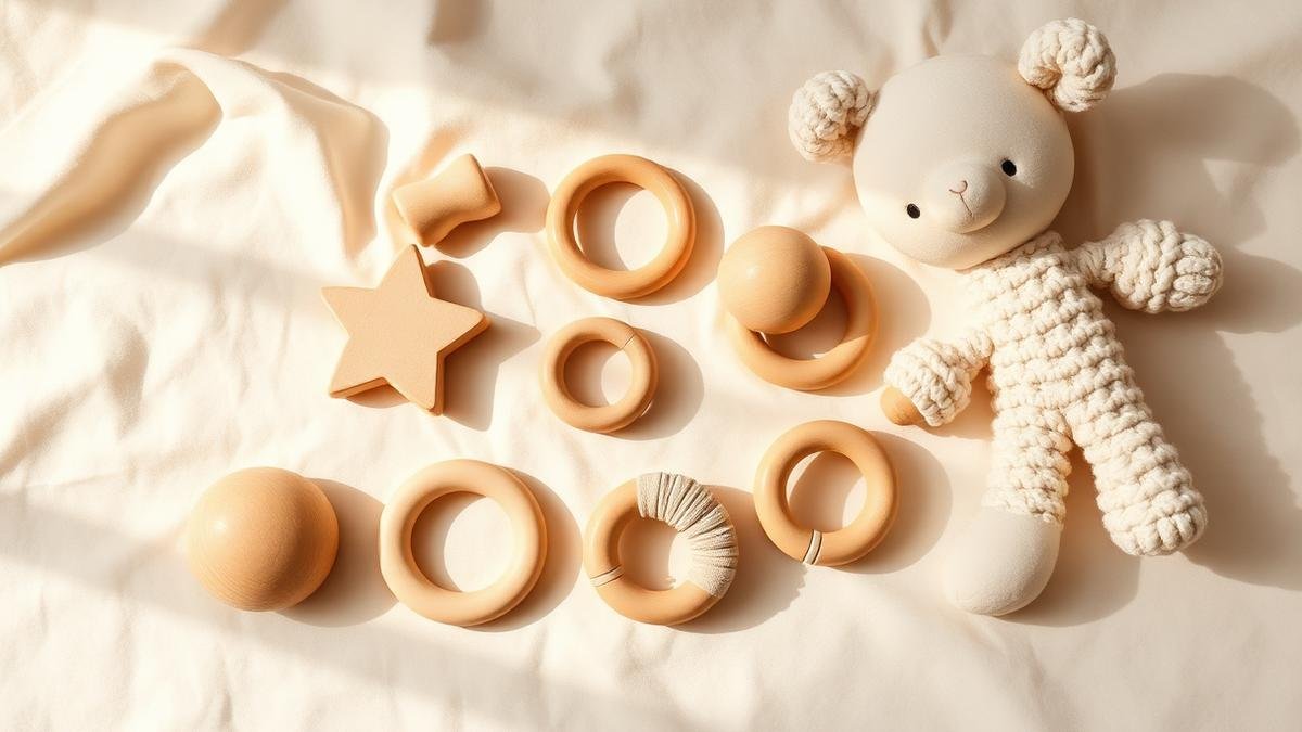Flatlay of natural wooden teething rings and cotton plush toys on cream linen in soft daylight