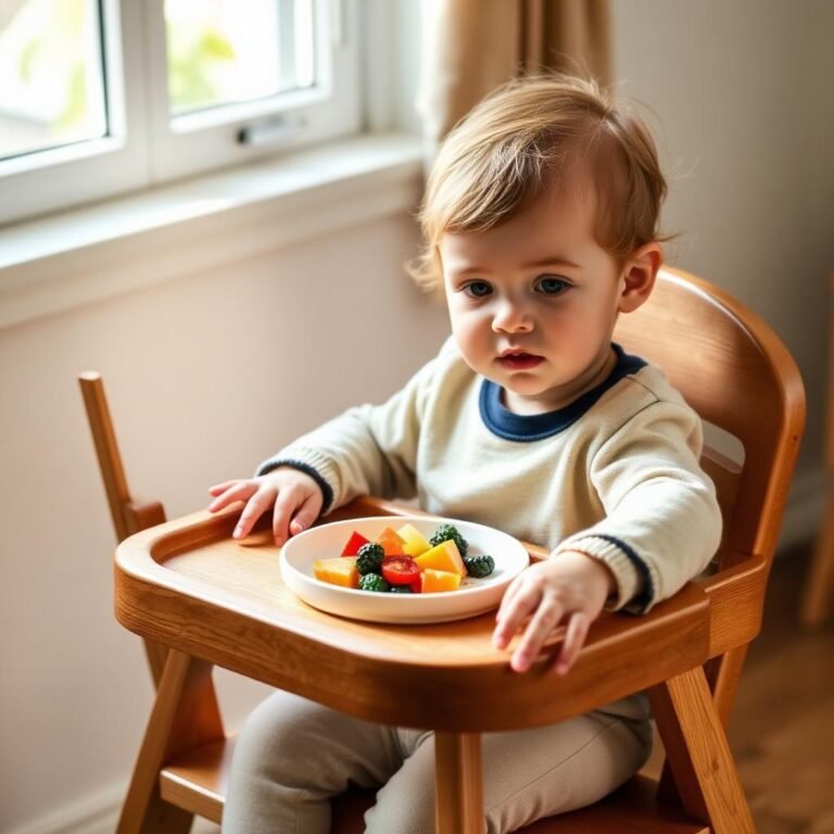 Toddler at a high chair with a colorful plate of vegetables and fruit