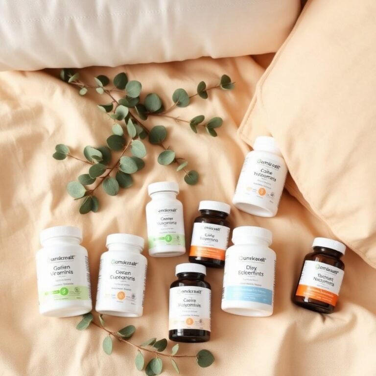 Assorted postnatal vitamin bottles for breastfeeding mothers arranged on soft cream linen with eucalyptus sprigs