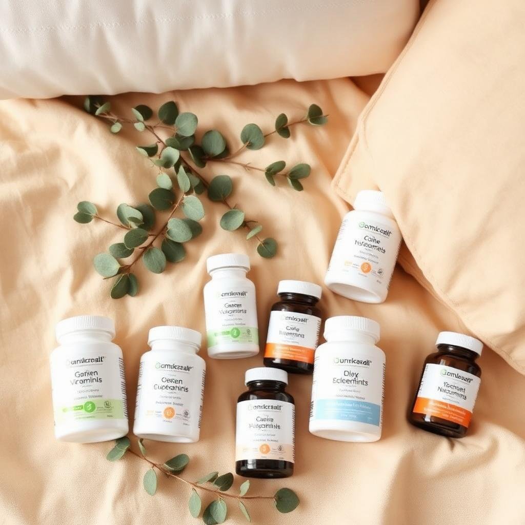 Assorted postnatal vitamin bottles for breastfeeding mothers arranged on soft cream linen with eucalyptus sprigs